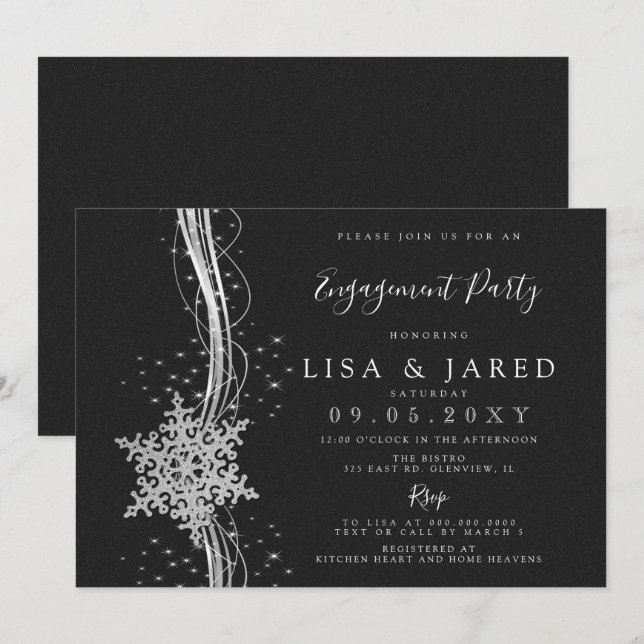 Invitation Silver Black Snowflakes Partie d'engagement d'hive (Devant / Derrière)