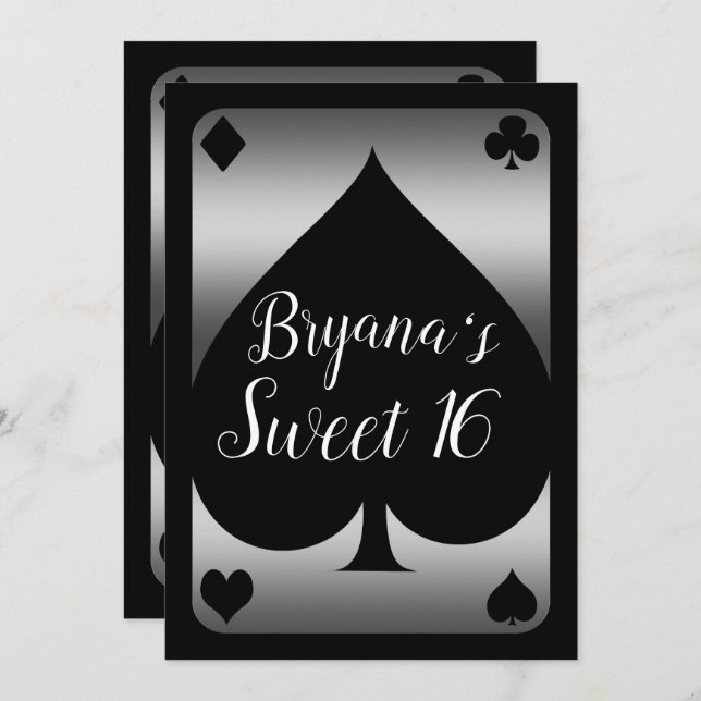 Invitation Silver & Black Spade Glam Casino Sweet 16 Party (Devant / Derrière)