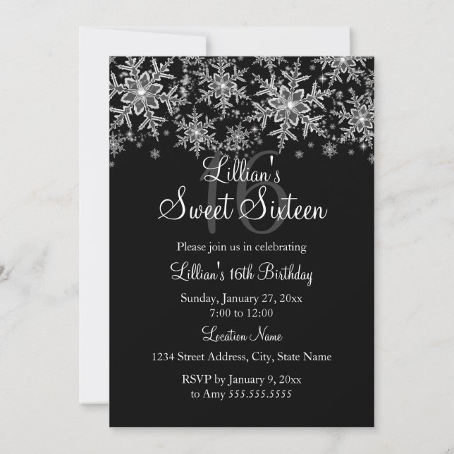 Invitation Silver & Black Sparkle Snowflake Sweet 16 Invitati (Devant)