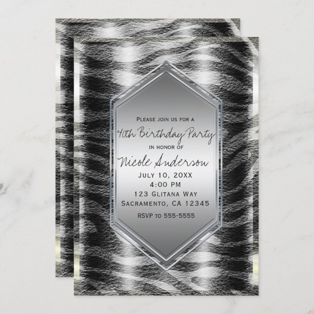Invitation Silver Black Zebra Imprimer Anniversaire Fête N'im (Devant / Derrière)