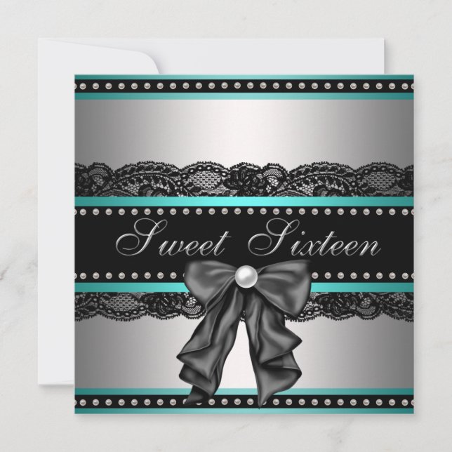 Invitation Silver BlackTeal Blue Sweet 16 Anniversaire (Devant)