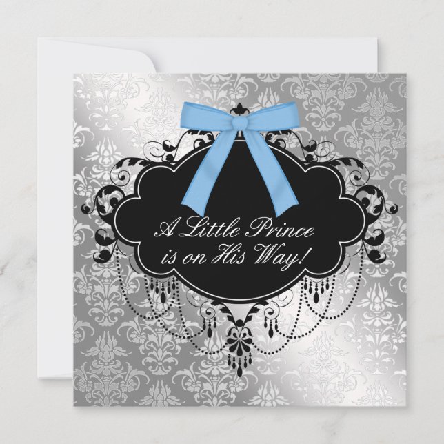 Invitation Silver Blue Black Prince Baby Boy Douche (Devant)