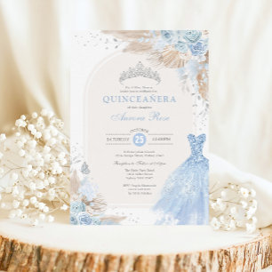 Invitation Silver Blue Boho Floral Quinceañera 15e anniversai