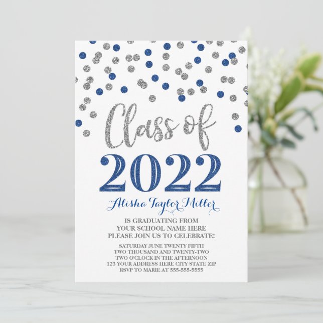 Invitation Silver Blue Confetti Graduation Party 2022 (Debout devant)