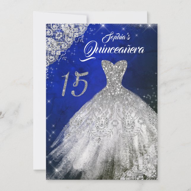 Invitation Silver Blue Dentelle Diamond Étincelle Gown Quince (Devant)
