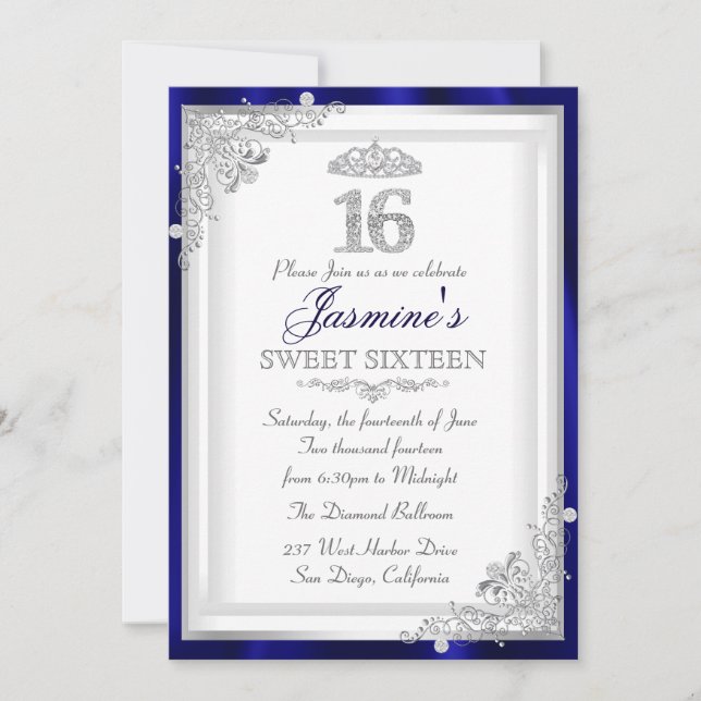 Invitation Silver Blue Diamond Damask & Tiara Sweet 16 Invita (Devant)