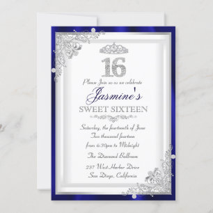 Invitation Silver Blue Diamond Damask & Tiara Sweet 16 Invita