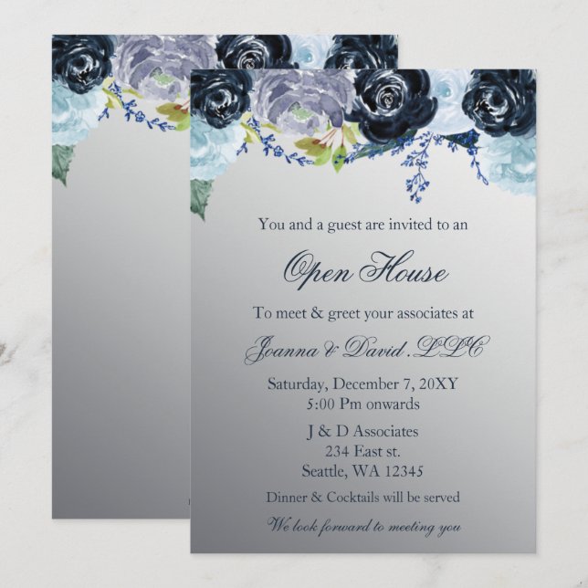 Invitation Silver Blue Floral Business Party (Devant / Derrière)