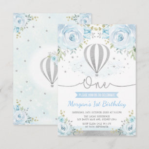 Invitation Silver Blue Floral Hot Air Balloon 1er anniversair