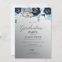 Invitation Silver Blue Floral Photo Graduation Party