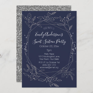 Invitation Silver Blue Floral Sweet 16 Anniversaire