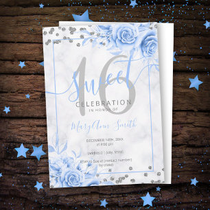 Invitation Silver Blue Floral Sweet 16 Parties scintillant en