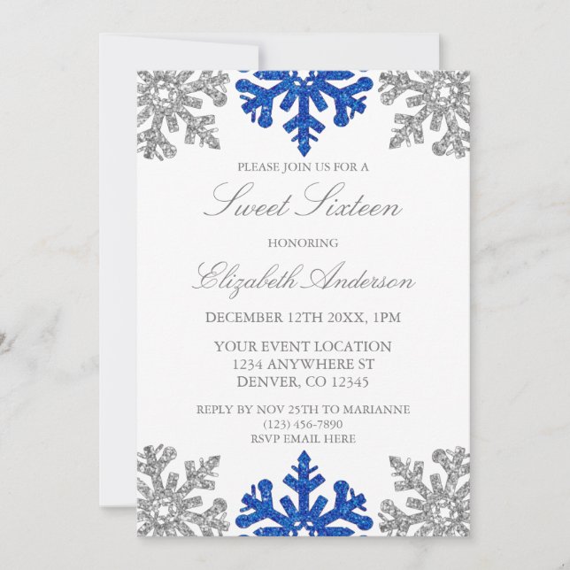 Invitation Silver Blue Snowflake hiver Sweet 16 (Devant)