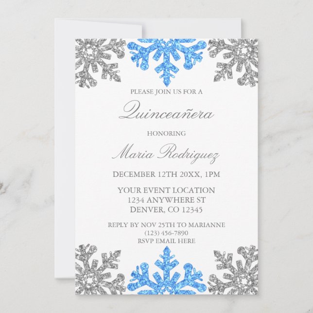 Invitation Silver Blue Snowflake Quinceanera hiver (Devant)