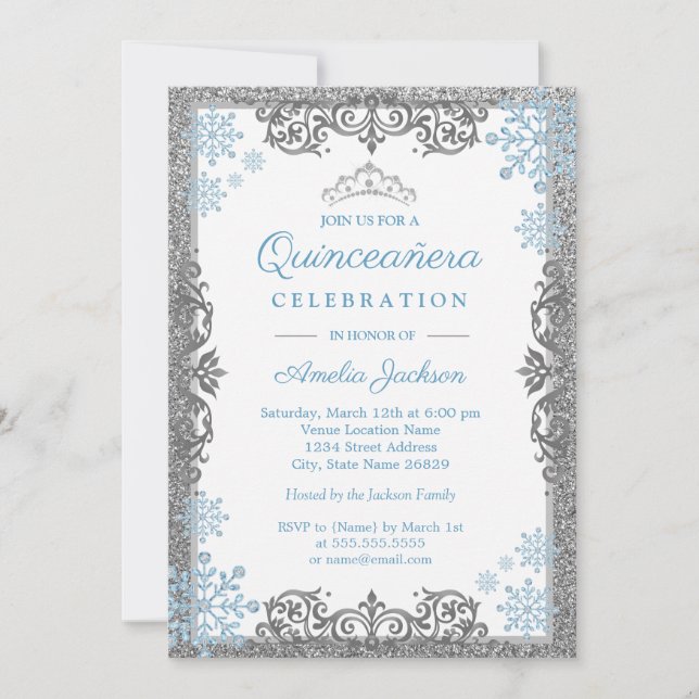 Invitation Silver Blue Sparkle Flake de neige Quinceanera Inv (Devant)