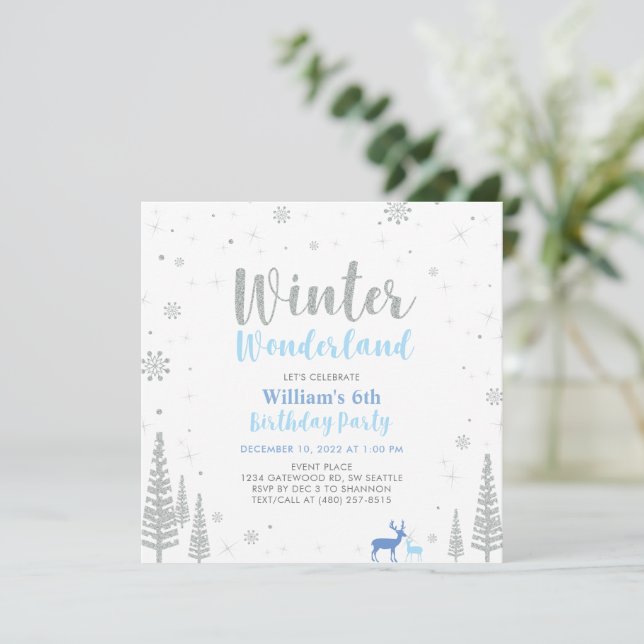 Invitation Silver & Blue Winter Wonderland Boy Birthday Party (Debout devant)