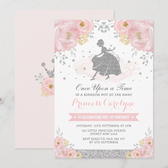 Invitation Silver Blush Floral Princess Cinderella Anniversai (Devant / Derrière)