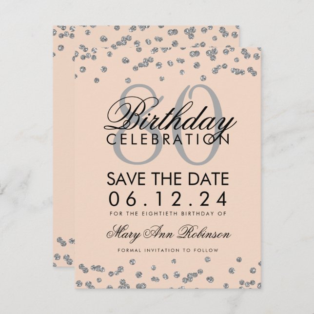 Invitation Silver Blush Pink 80e anniversaire Date de sauvega (Devant / Derrière)