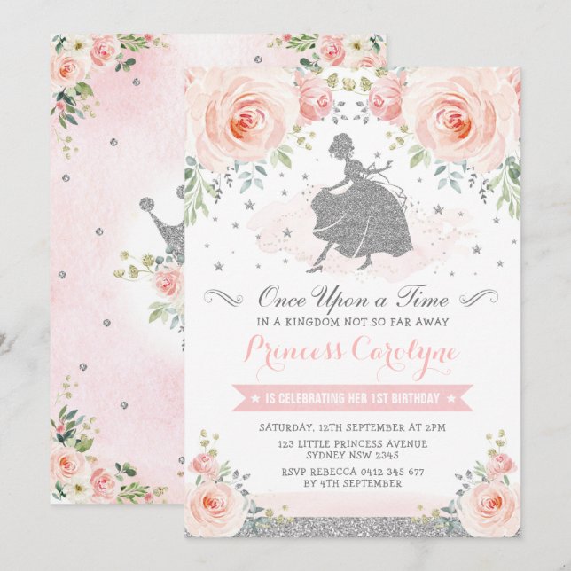 Invitation Silver Blush Roses Princess Cinderella Anniversair (Devant / Derrière)