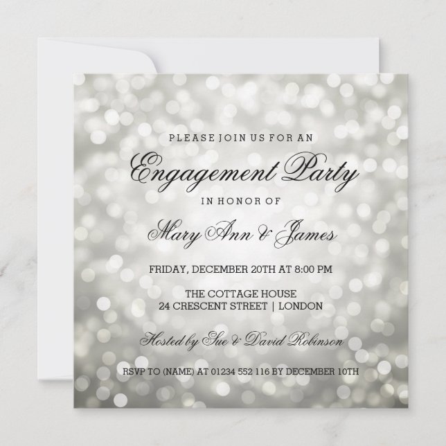 Invitation Silver Bokeh éclaire l'élégante fête d'engagement (Devant)