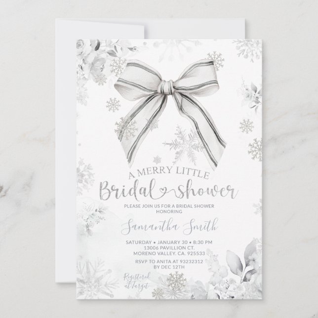 Invitation Silver Bow Fête de mariage hivernale Un joyeux pet (Devant)