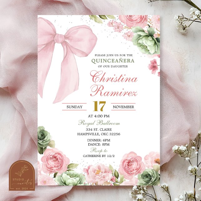 Invitation Silver Bow Sage Rose Coquette Floral Quinceanera (Créateur téléchargé)