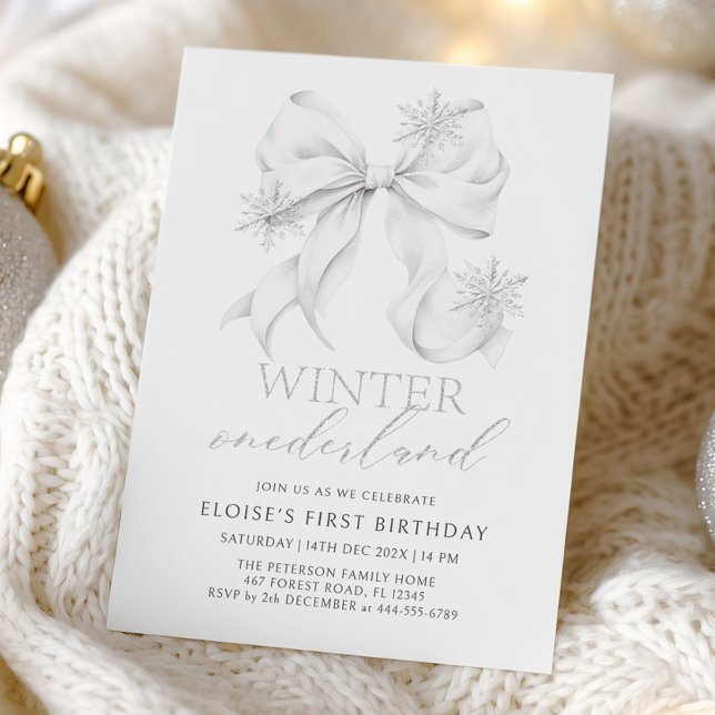 Invitation Silver Bow Winter Onederland 1st Birthday (Créateur téléchargé)