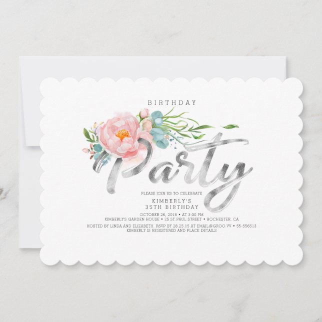 Invitation Silver Calligraphie Blush Rose Flores Anniversaire (Devant)