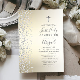 Invitation Silver Confetti Gold Ombre First Holy Communion