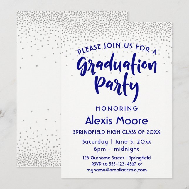 Invitation Silver Confetti & Navy Typography Grad Party, 2 (Devant / Derrière)