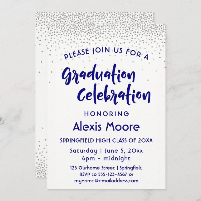 Invitation Silver Confetti & Navy Typography Graduation Party (Devant / Derrière)