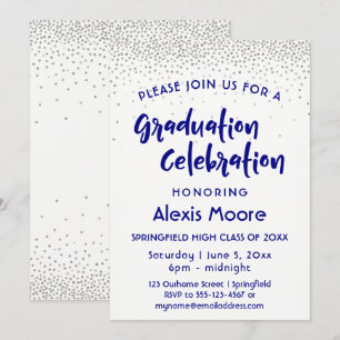 Invitation Silver Confetti & Navy Typography Graduation Party