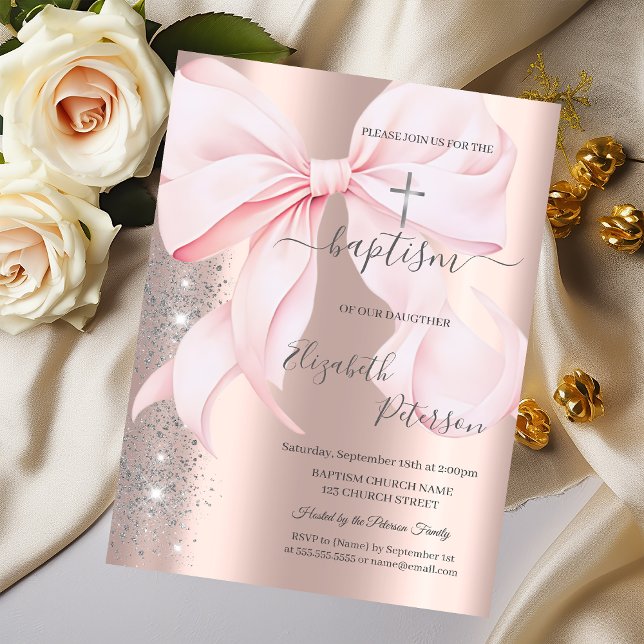 Invitation Silver Cross Pink Bow Rose Gold Glitter Dust  (Créateur téléchargé)