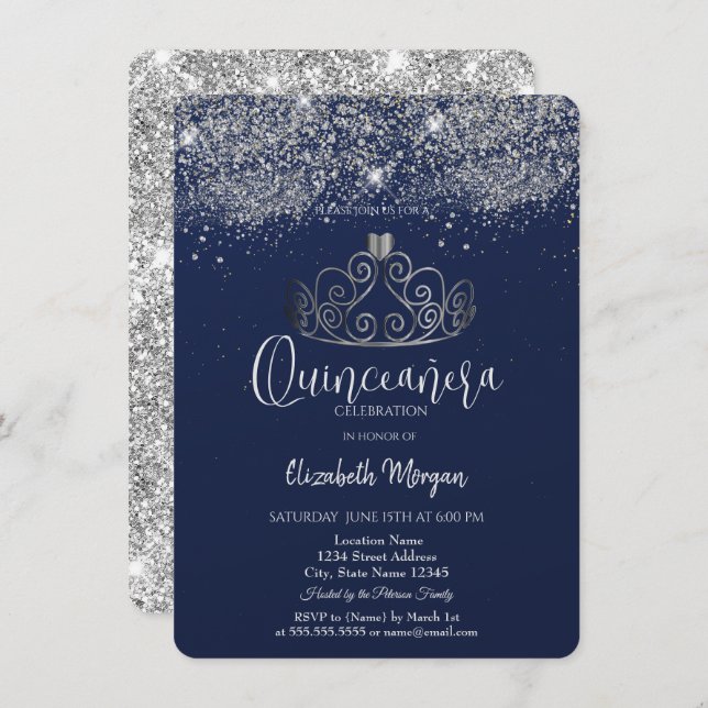 Invitation Silver Crown Glitter Confetti  Blue Quinceañera   (Devant / Derrière)