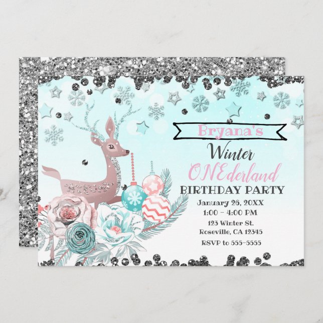 Invitation Silver Deer Winter ONEderland 1er anniversaire fêt (Devant / Derrière)