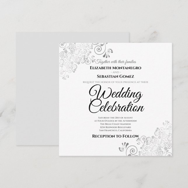 Invitation Silver Delicate Filigree Élégant Mariage Carré (Devant / Derrière)