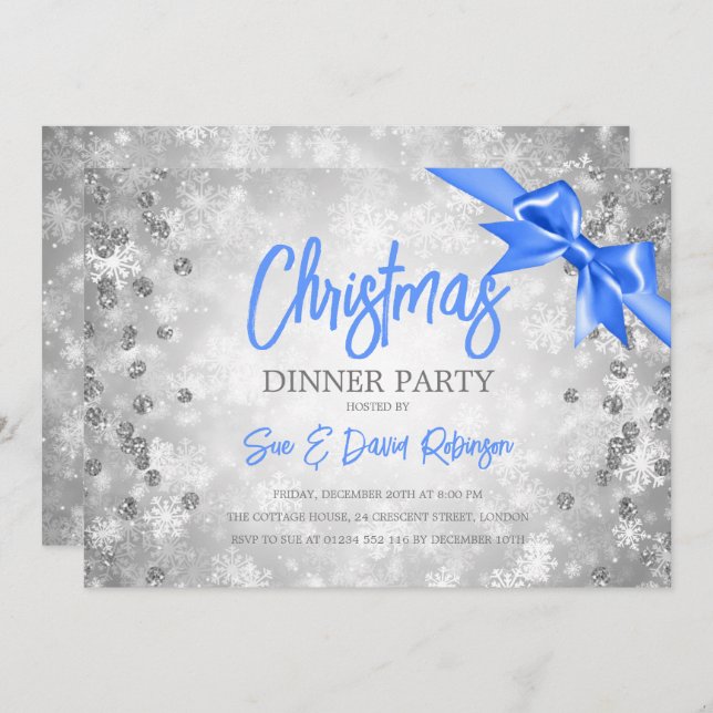Invitation Silver Diamonds Parties scintillant Bleu Ruban Noë (Devant / Derrière)