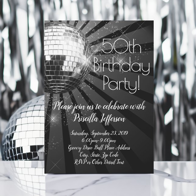 Invitation Silver Disco Ball 50ème anniversaire (Silver disco ball 50th birthday party invitations)