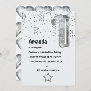 Invitation Silver Disco Balloon 1er anniversaire