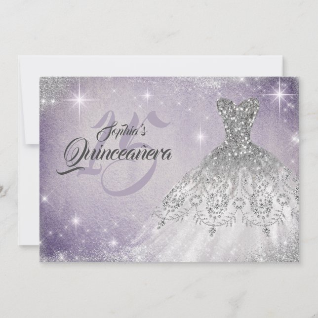 Invitation Silver Doux Violet Dentelle Diamant Gown Quinceane (Devant)