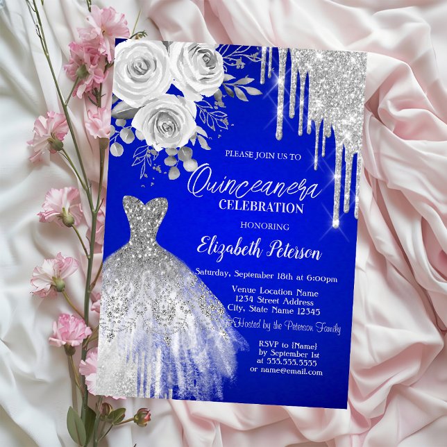 Invitation Silver Drips,Roses de Bal Royal Bleu Quinceanera   (Créateur téléchargé)
