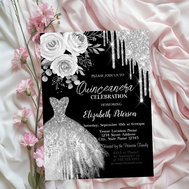Invitation Silver Drips,Roses de Robe Noires Quinceanera   (Créateur téléchargé)