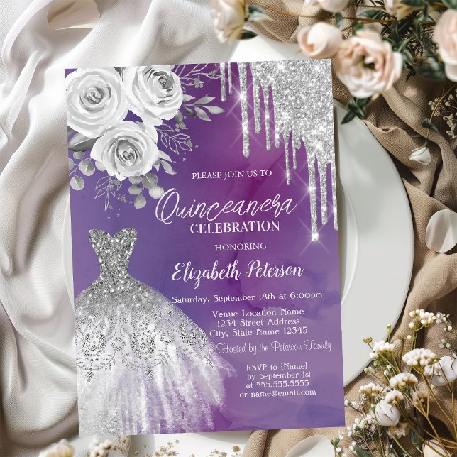 Invitation Silver Drips,Roses de Robe Violettes Quinceanera   (Créateur téléchargé)