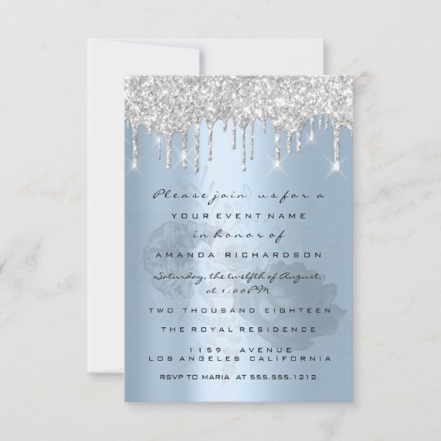 Invitation Silver  Drips Roses Smoky Blue Mariée Sweet 16e (Devant)