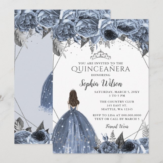 Invitation Silver Dusty Blue Floral Princesse Quinceañera (Devant / Derrière)