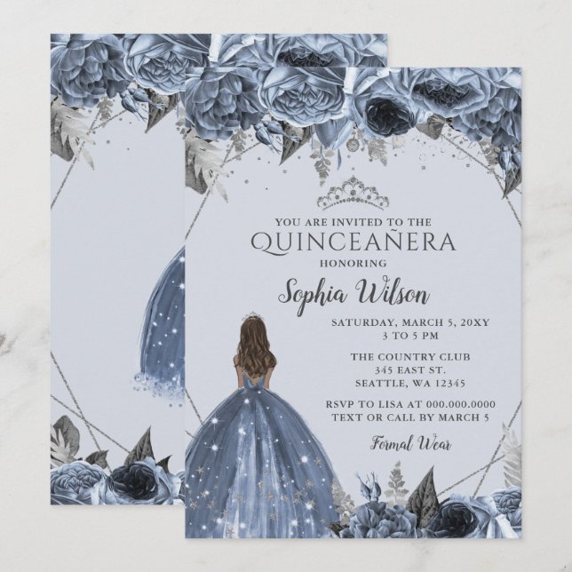 Invitation Silver Dusty Blue Floral Princesse Quinceañera (Devant / Derrière)