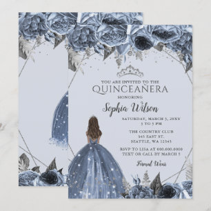 Invitation Silver Dusty Blue Floral Princesse Quinceañera