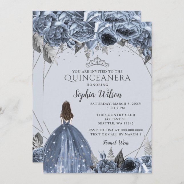 Invitation Silver Dusty Blue Floral Princesse Quinceañera (Devant / Derrière)