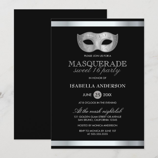 Invitation Silver élégant & Black Masquerade Sweet 16 Party (Devant / Derrière)