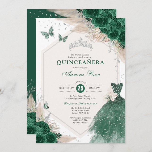Invitation Silver Emerald Green Boho Roses Quinceañera Party (Devant / Derrière)